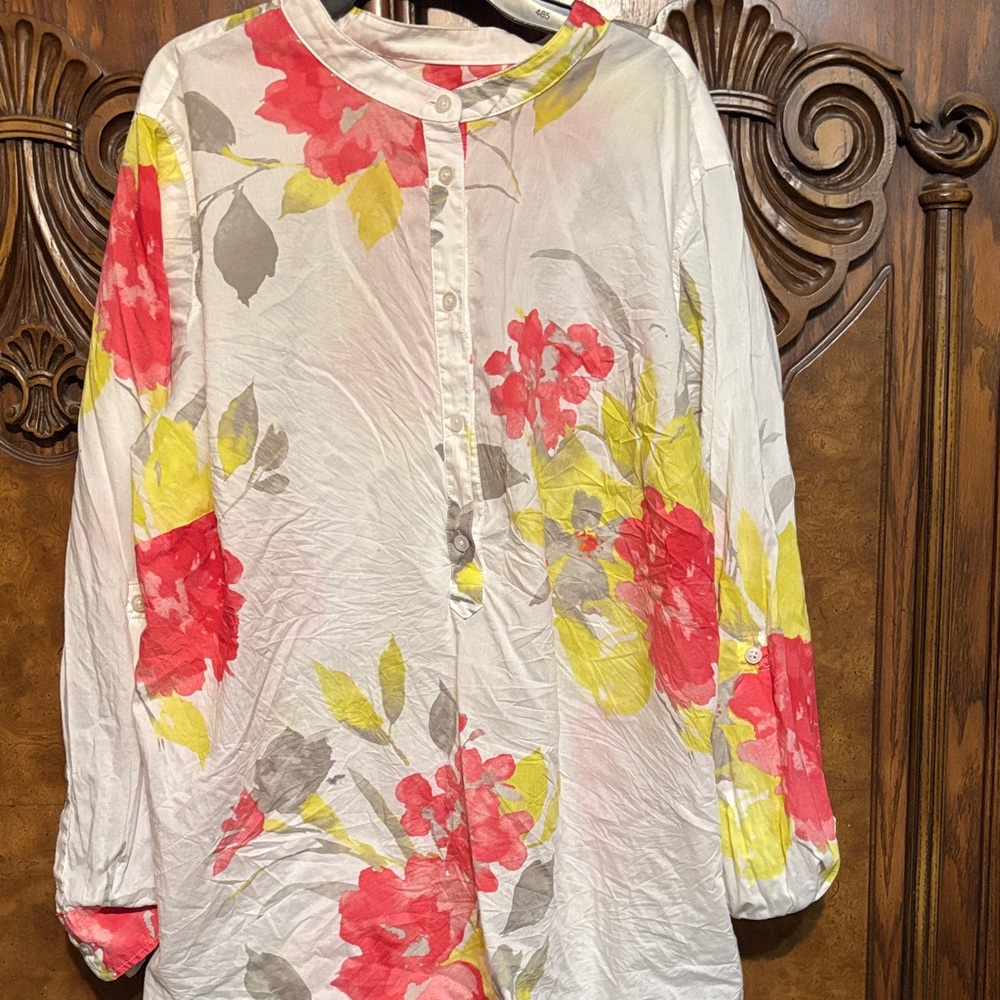 (R) Talbots Floral Button-Down Shirt - Red, Yellow, Gray